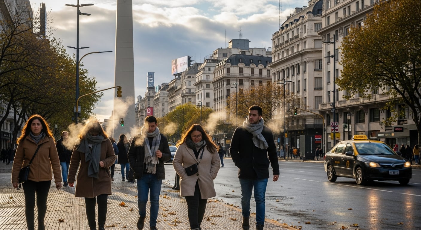 Peatones caminan abrigados por la Avenida 9 de Julio, con el Obelisco de Buenos Aires de fondo, enfrentando las bajas temperaturas del otoño que se sienten en la capital argentina. (Imagen Ilustrativa Infobae)