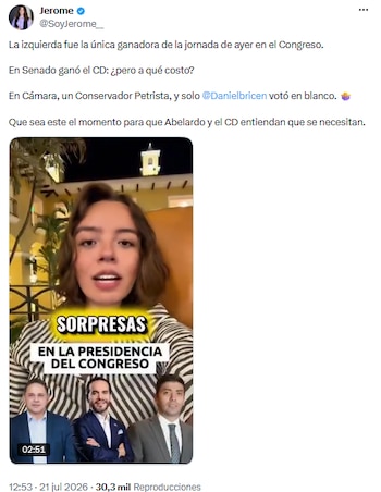 Jerome Sanabria advirtió al nuevo gobierno sobre importancia de alianzas estables en el Congreso - crédito @SoyJerome__/X