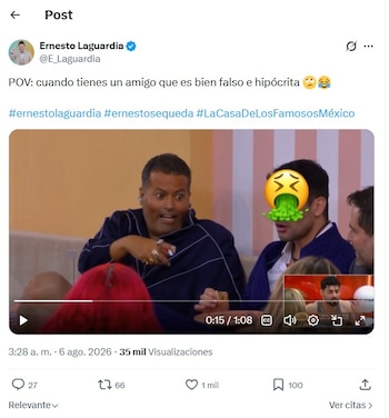 Captura de pantalla de un tuit de Ernesto Laguardia con texto, hashtags, video de dos hombres en un sofá y un emoji de vómito sobre uno de ellos