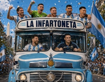 Jugadores y cuerpo técnico de la selección argentina de fútbol en un autobús descapotable. Confeti, banderas argentinas y el Obelisco de Buenos Aires son visibles