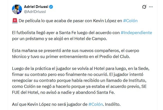 El insólito caso de Kevin López, quien se entrenó con Colón, pero se escapó para firmar con Instituto (@AdriDiussi)