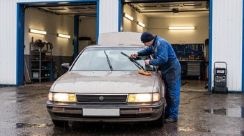 Un mecánico con mono azul revisa la escobilla del limpiaparabrisas de un automóvil gris con las luces encendidas frente a un taller.
