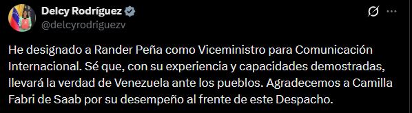 Delcy Rodríguez anunció la designación de Rander Peña como Viceministro para Comunicación Internacional