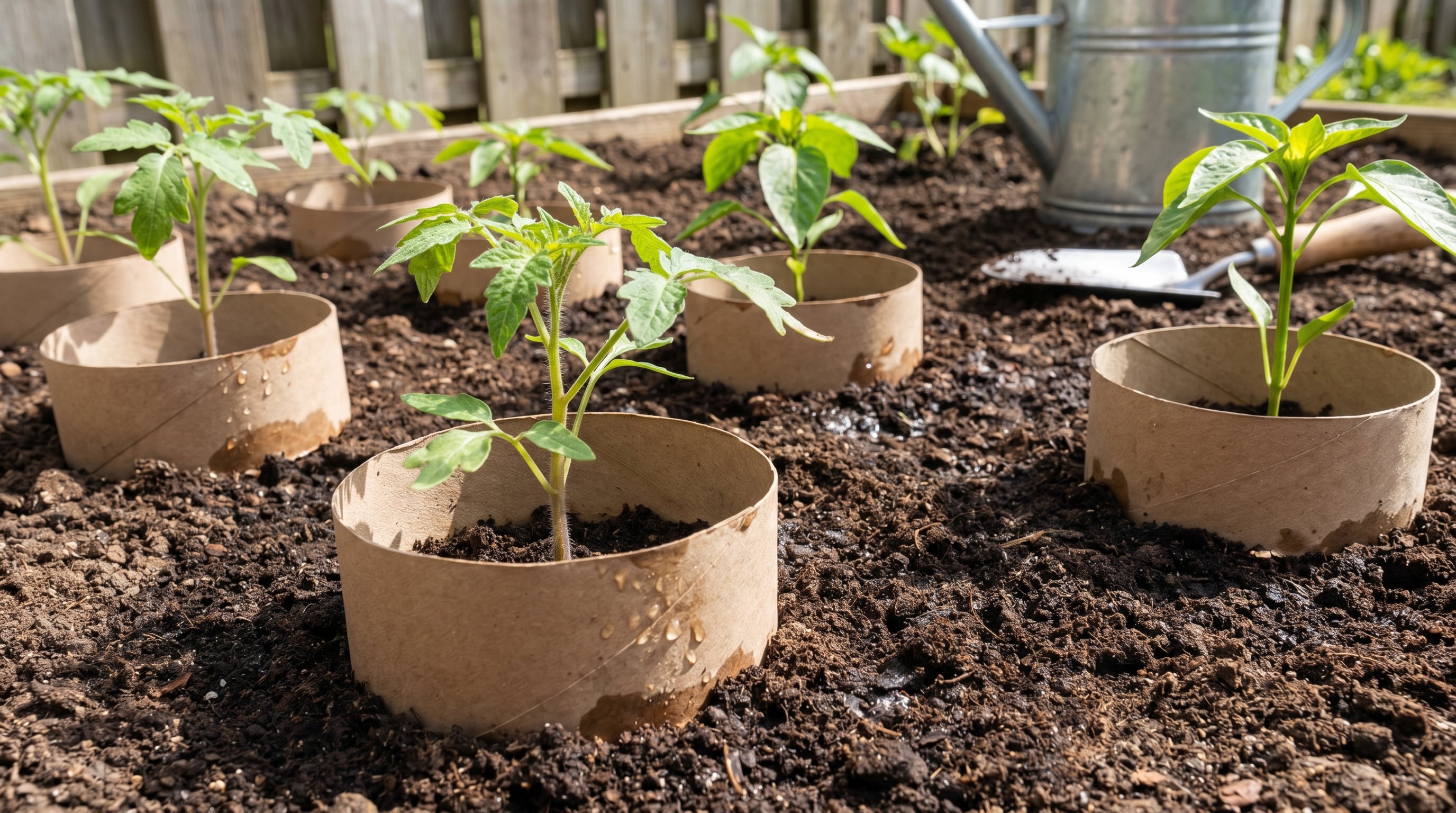Jóvenes plantas de tomate y pimiento crecen en un huerto, protegidas por collares de cartón reciclado que evitan daños por viento o animales pequeños en sus primeras fases de crecimiento. (Imagen Ilustrativa Infobae)