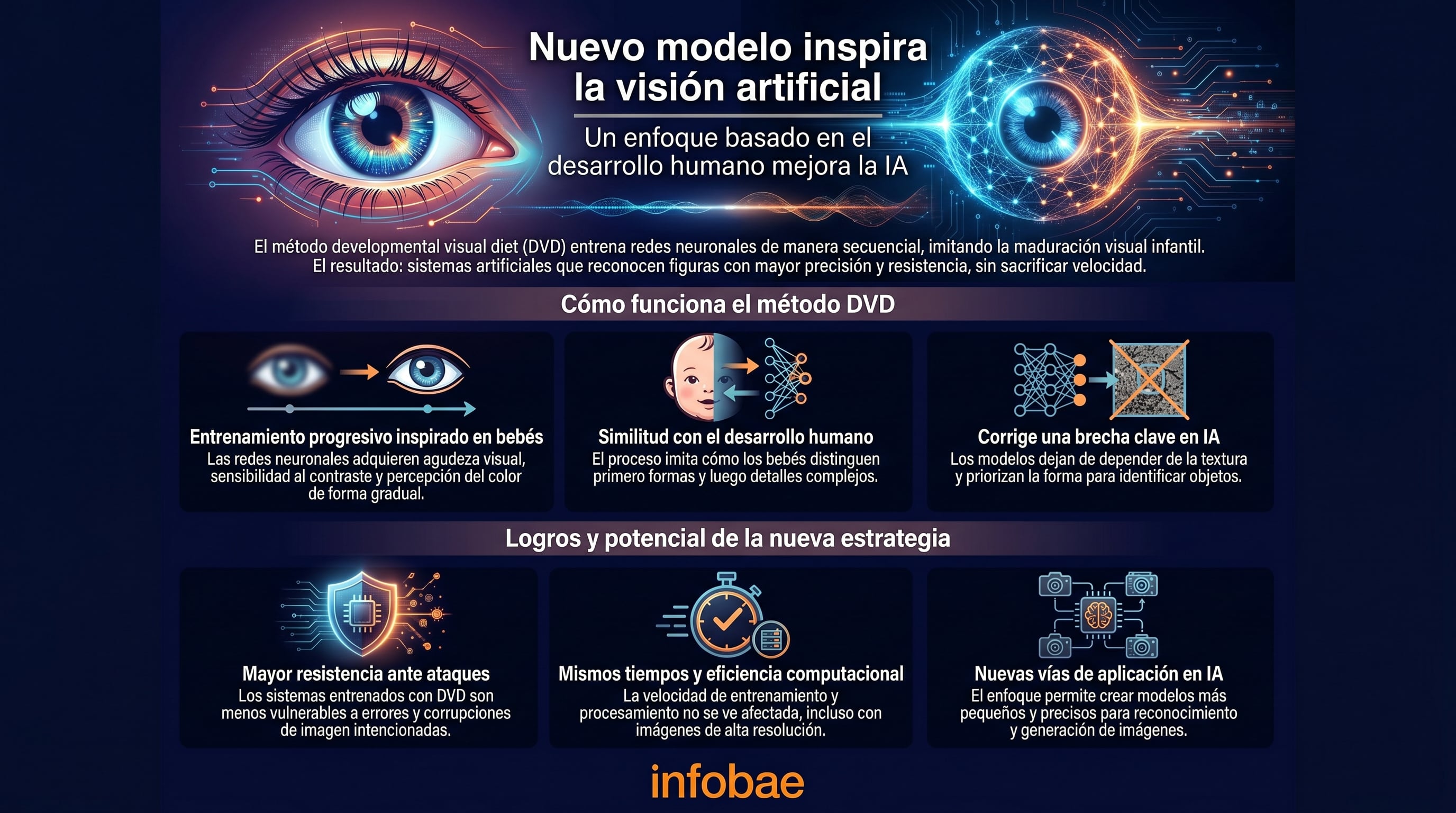 Esta infografía explica el innovador método de entrenamiento para IA, denominado DVD, replica la maduración visual infantil para mejorar la robustez y precisión de la visión artificial (Imagen Ilustrativa Infobae)