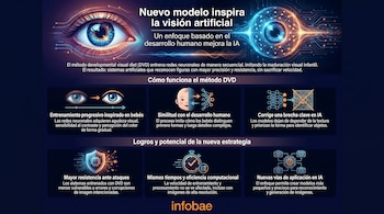 Infografía con dos ojos digitales futuristas conectados por circuitos, mostrando detalles del método DVD para visión artificial en seis paneles explicativos.