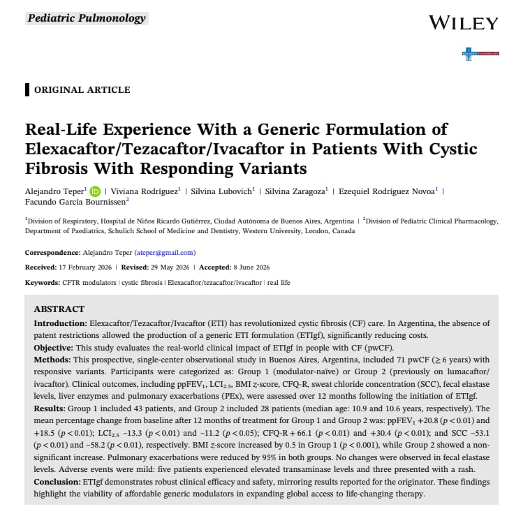 El estudio publicado en la revista Pediatric Pulmonology analiza la eficacia del tratamiento genérico para la fibrosis quística en pacientes de Argentina (estudio argentino sobre fibrosis quistica)