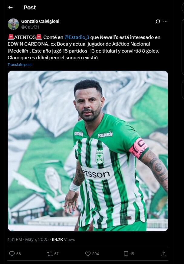 El periodista argentino informó sobre el interés de la Lepra en el volante antioqueño - crédito @Calvi31 / X