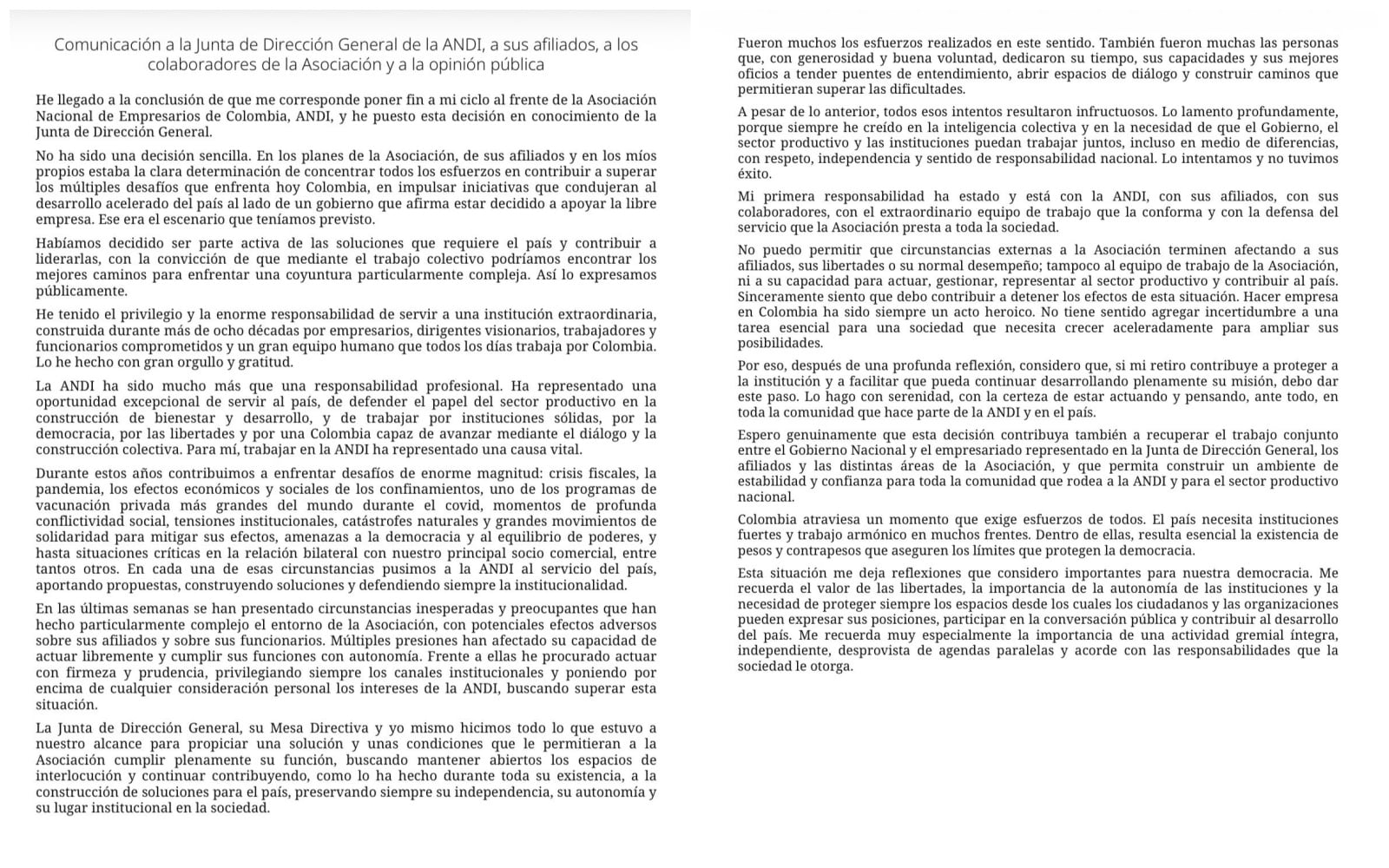 Con esta carta, Bruce Mac Master presentó su renuncia a la presidencia de la Andi, tras las tensiones con el Gobierno de Abelardo de la Espriella - crédito @BruceMacMaster/X