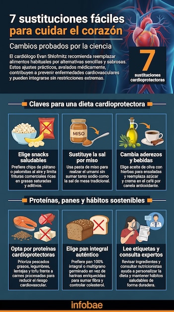 Infografía azul con un corazón humano y siete sugerencias para una dieta cardioprotectora. Muestra íconos de alimentos saludables y opciones a reemplazar.