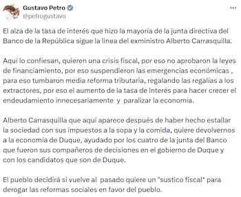 Mensaje de Petro donde cuestiona las decisiones recientes sobre política económica. - crédito @petrogustavo/X