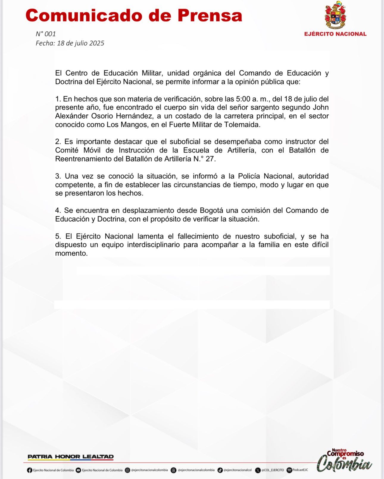 El comunicado emitido el sábado 19 de julio - crédito Ejército Nacional