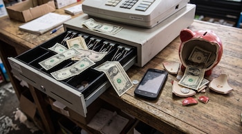 Una caja registradora abierta con billetes de dólar, un teléfono inteligente y una alcancía roja rota sobre una mesa de madera.