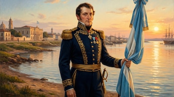 Pintura al óleo de un general del siglo XIX con uniforme azul y dorado, sosteniendo la bandera argentina a orillas del Río Paraná en Rosario al atardecer.