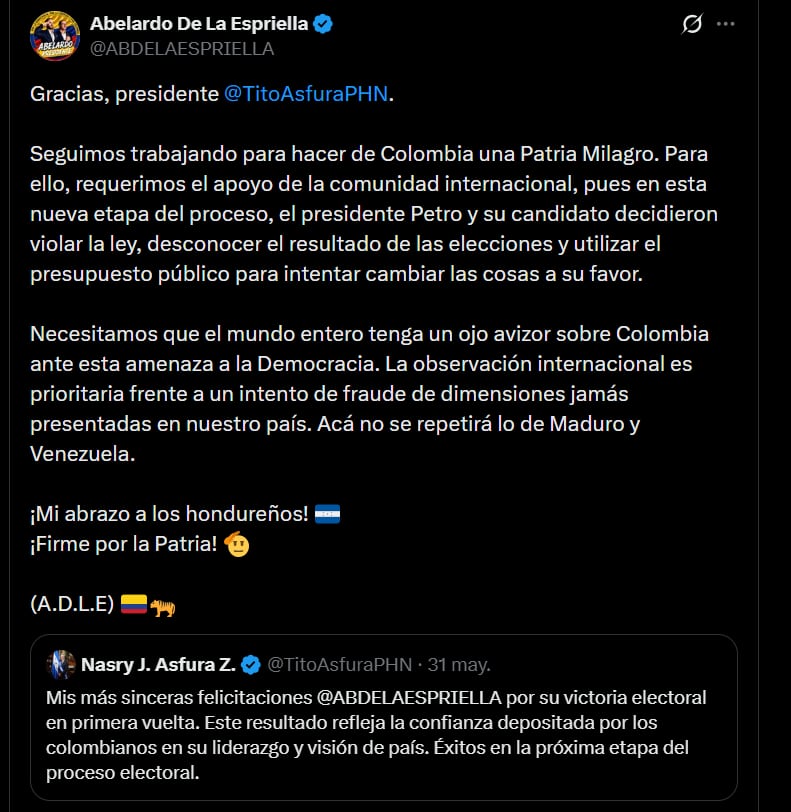 Abelardo de la Espriella agradeció el respaldo y remarcó la importancia de la observación internacional para la siguiente fase del proceso electoral - crédito @ABDELAESPRIELLA/X