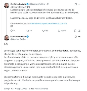 Gustavo Bolívar invitó a las personas que buscan trabajo a conocer la convocatoria y completar el proceso de inscripción antes del 18 de septiembre de 2026 - crédito @GustavoBolivar/X