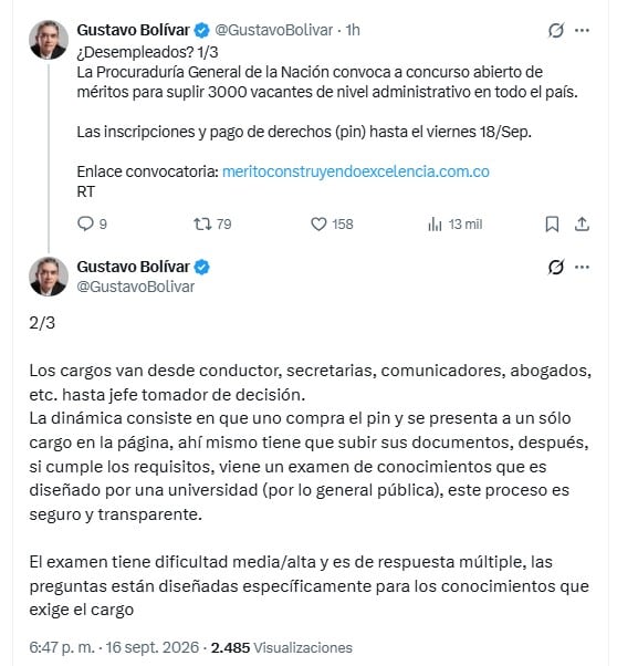 Gustavo Bolívar invitó a las personas que buscan trabajo a conocer la convocatoria y completar el proceso de inscripción antes del 18 de septiembre de 2026 - crédito @GustavoBolivar/X