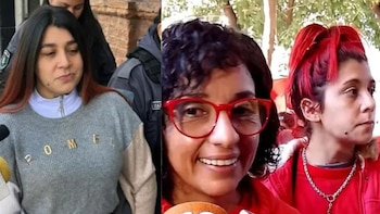 Primer plano de tres mujeres con diferentes peinados; una con jersey gris, otra con gafas rojas sonriendo, y la tercera con pelo rojo vivo