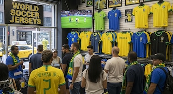 Tienda de camisetas de fútbol en Estados Unidos, con clientes observando camisetas de la selección de Brasil en exhibición y un partido de fútbol en una pantalla.