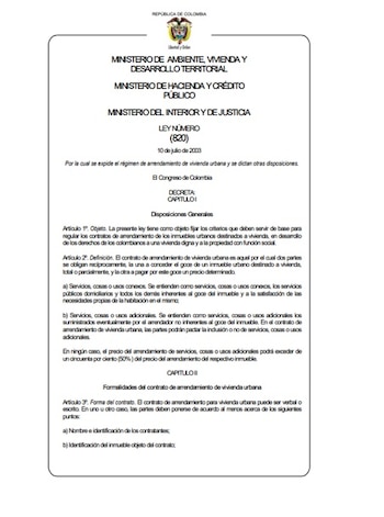 La Ley 820 estableció el Régimen de Arrendamiento de Vivienda Urbana - crédito Ministerio de Ambiente