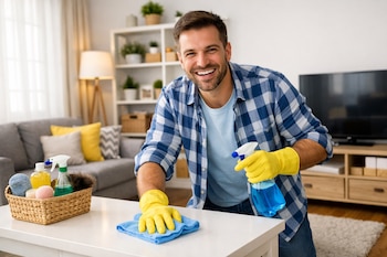 Un hombre sonriente con camisa a cuadros azul y guantes amarillos limpia una mesa blanca con un trapo azul y un rociador en un salón.