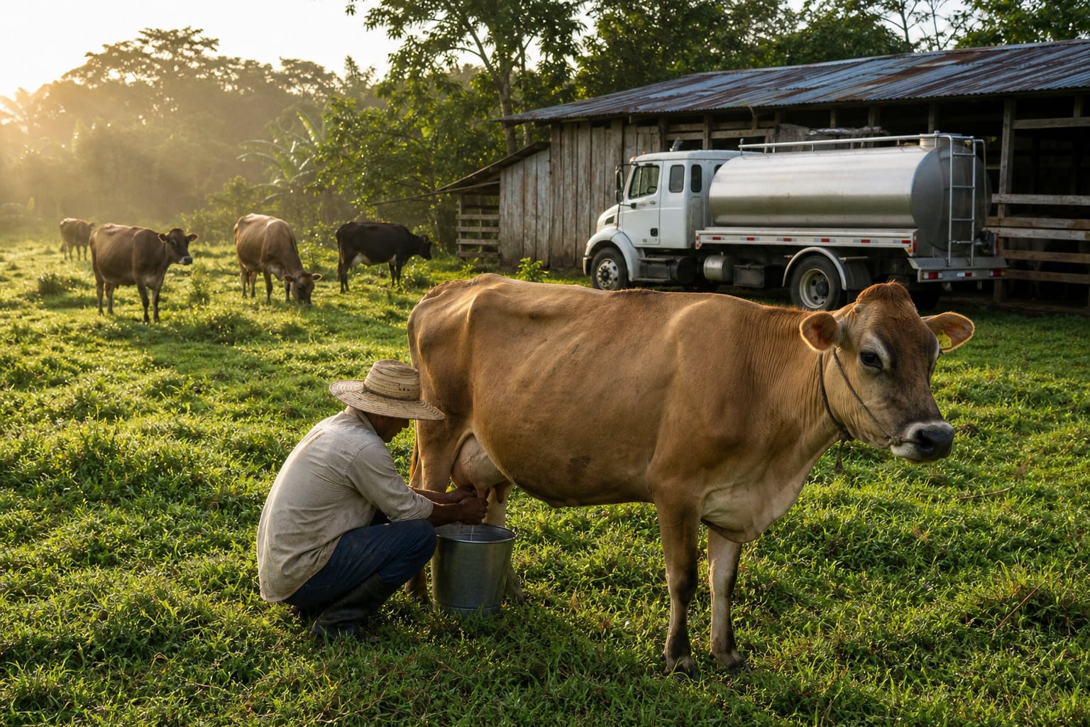 Un ganadero ordeña manualmente una vaca Jersey en una finca de Panamá junto a un camión cisterna para la recolección de leche. (Imagen Ilustrativa Infobae)