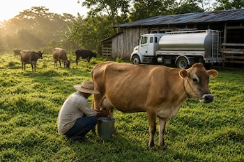 Un hombre con sombrero ordeña una vaca en un pastizal junto a un balde metálico, con más reses, un camión cisterna y un establo de fondo.