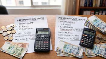 Dos hojas sobre una mesa con cálculos impresos de préstamos, acompañadas por calculadoras, monedas y billetes peruanos.