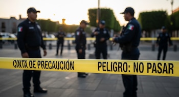 Primer plano de una cinta amarilla que dice "PELIGRO: NO PASAR" y "CINTA DE PRECAUCIÓN", con policías mexicanos desenfocados detrás.