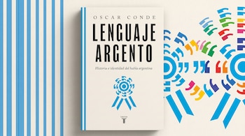 Portada del libro Lenguaje argento rodeada por franjas azules y blancas junto a motivos circulares de escarapelas compuestas por comillas.