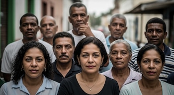 Nueve adultos, mujeres en primer plano y hombres en segundo plano, posan en una calle. Las mujeres tienen cabello oscuro y los hombres tienen tez morena.