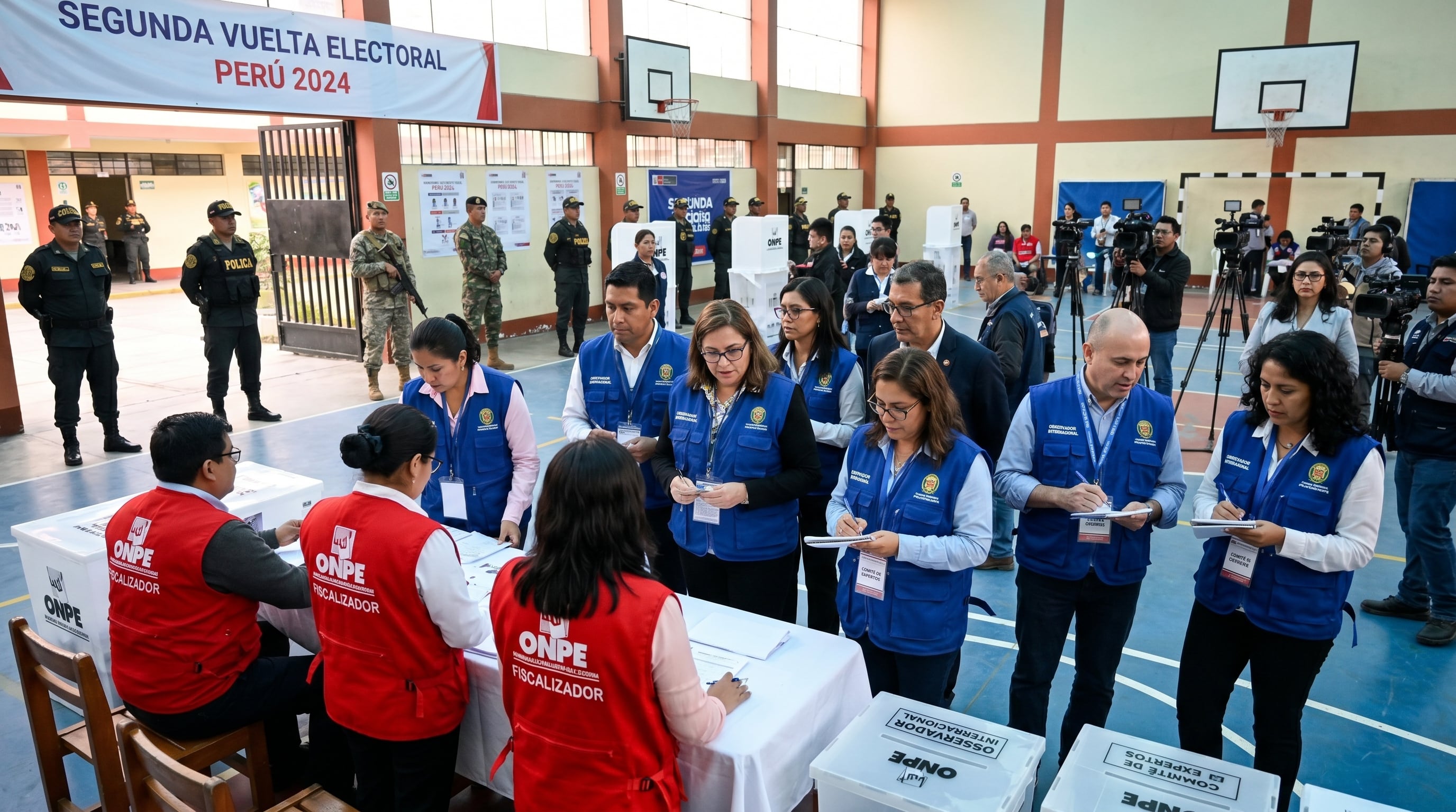 Un centro de votación en Perú durante la segunda vuelta electoral de 2024 es custodiado por fuerzas de seguridad, fiscalizadores de la ONPE y monitoreado por un comité internacional de expertos. (Imagen Ilustrativa Infobae)