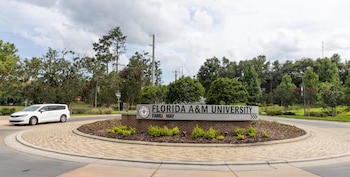 Un letrero con el texto Florida A&M University sobre una rotonda con plantas, árboles al fondo y un vehículo blanco en la calle