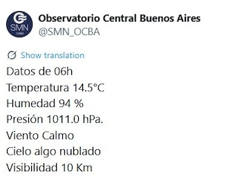Boletim meteorológico do Observatório Central de Buenos Aires com dados de temperatura, umidade, pressão, vento, céu e visibilidade