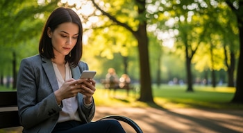 Mujer joven con chaqueta sentada en un banco de parque, mirando su teléfono móvil blanco. El fondo muestra árboles verdes y luz solar.