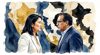 Ilustración en acuarela digital de Keiko Fujimori (izquierda) y Roberto Sánchez (derecha) mirándose, con el mapa de Perú en tonos ocre y azul de fondo.