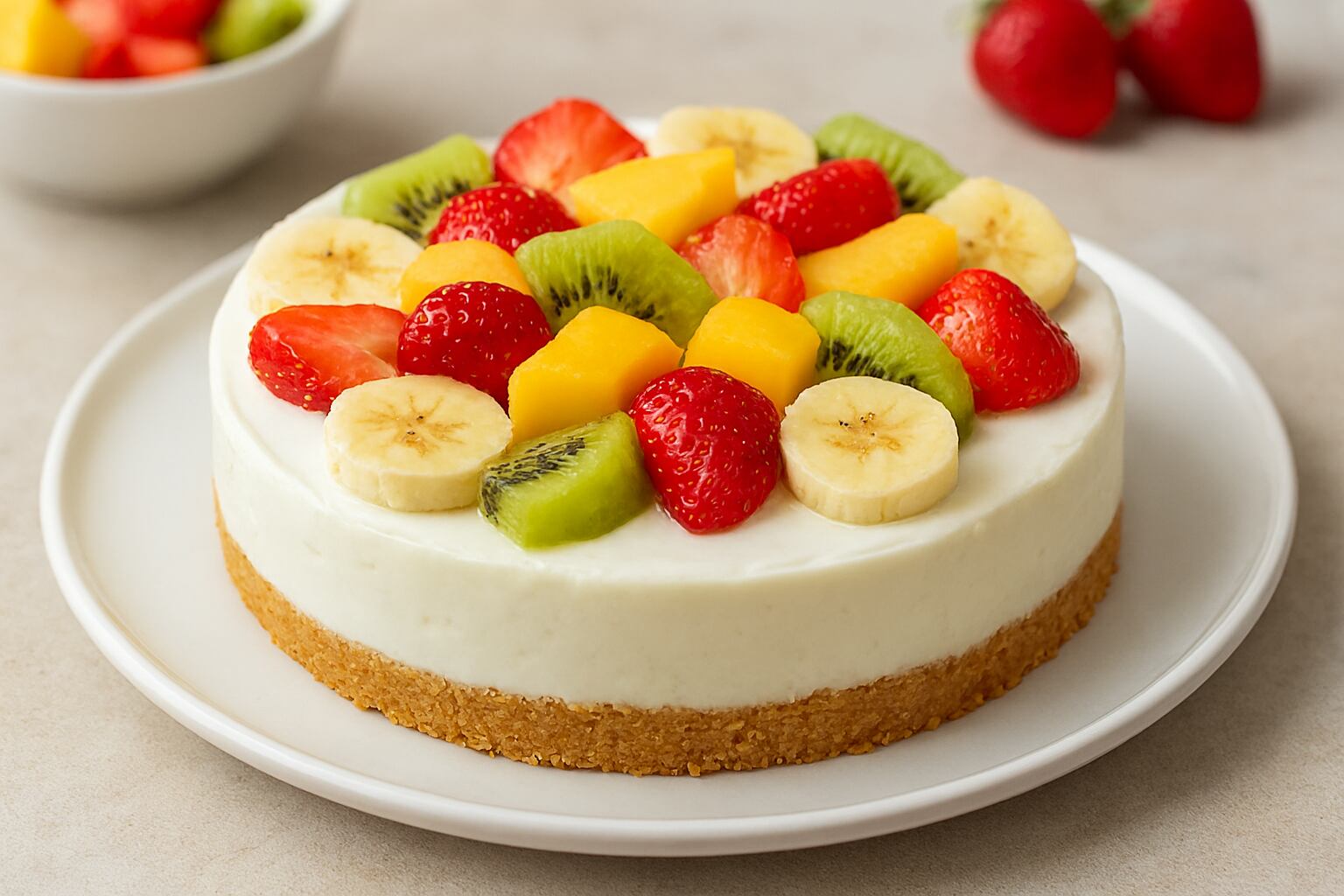 La tarta fría de yogur y fruta es un postre saludable y rápido que no requiere horno ni técnicas complejas.