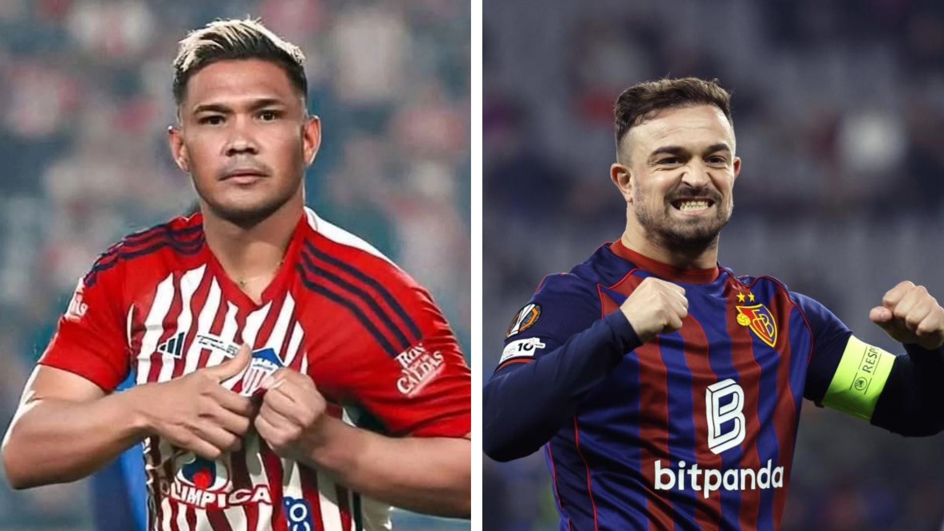 En la imagen aparecen dos futbolistas que son insignias en la liga donde actúan, Teófilo Gutiérrez en la colombiana y Xernan Shaquiri en la suiza - crédito Dimayor/AFP