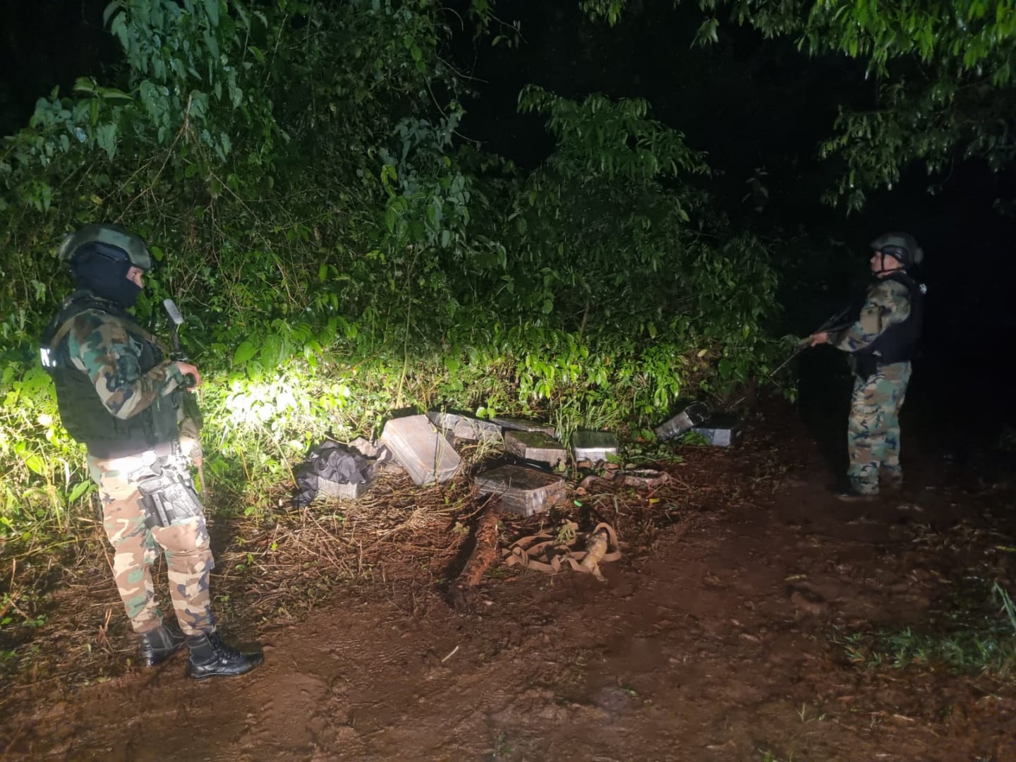 El procedimiento en Candelaria permitió hallar 14 bultos con 153 paquetes de flores de marihuana, algunos al vacío y otros a granel (Prefectura Naval Nacional)