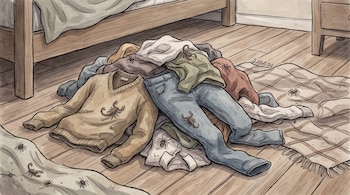 Ilustración de un montón de ropa tirada en el piso de madera de una recámara con varios escorpiones y arañas. Una cama y un buró al fondo.