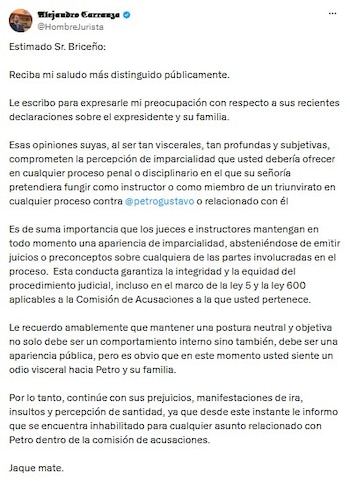 Alejandro Carranza sostuvo que Daniel Briceño no puede intervenir en asuntos relacionados con Petro - crédito @HombreJurista/X