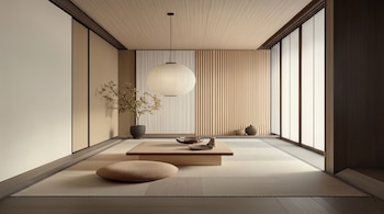 Habitación de estilo japonés con lámpara de papel, mesa baja de madera, cojín redondo, maceta con planta, dos jarrones y paneles deslizantes.
