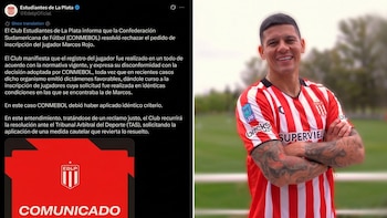 Captura de pantalla de un comunicado oficial junto a una fotografía del futbolista Marcos Rojo con la camiseta de Estudiantes de La Plata