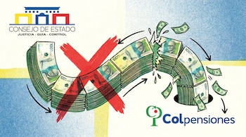 Ilustración risográfica con el logo del Consejo de Estado, billetes de 100 pesos colombianos, una "X" roja bloqueando el flujo de dinero, y el logo de Colpensiones.