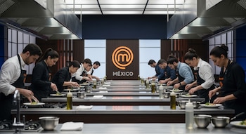 Diez personas con mandiles negros cocinan en estaciones alineadas de una cocina profesional, con el logo anaranjado de MasterChef México en la pared del fondo.
