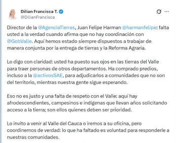 La disputa entre la Gobernación del Valle y la Agencia Nacional de Tierras se agudizó tras las declaraciones sobre la supuesta falta de voluntad política regional para recuperar y entregar predios - crédito @DilianFrancisca/ X