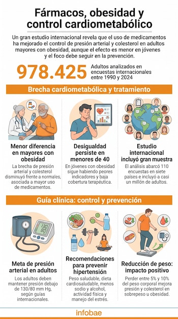 Infografía estructurada en bloques con texto, cifras numéricas e ilustraciones sobre control de presión arterial y peso corporal.