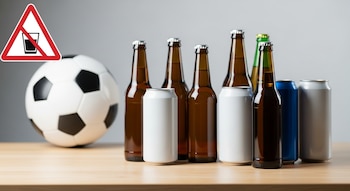 Una mesa de madera clara con botellas y latas de bebidas, un balón de fútbol desenfocado y una señal de prohibición de alcohol.