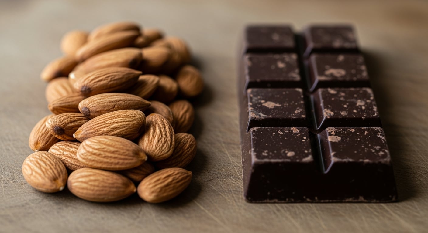 Un montón de almendras y una barra de chocolate negro con trozos pequeños de cacao se muestran sobre una superficie de madera, destacando sus texturas y colores naturales. (Imagen Ilustrativa Infobae)