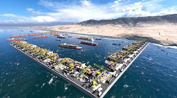 Ilustración digital de un muelle portuario con grúas amarillas, contenedores, barcos en el mar y montañas al fondo.